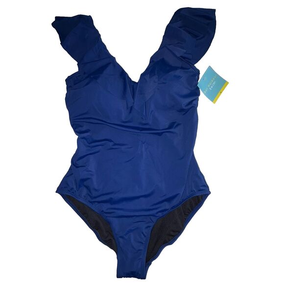 Bal Harbour Swim Blue V-Neck Ruffle One Piece Swimsuit Size 16 NWT Wirefree - Picture 1 of 9